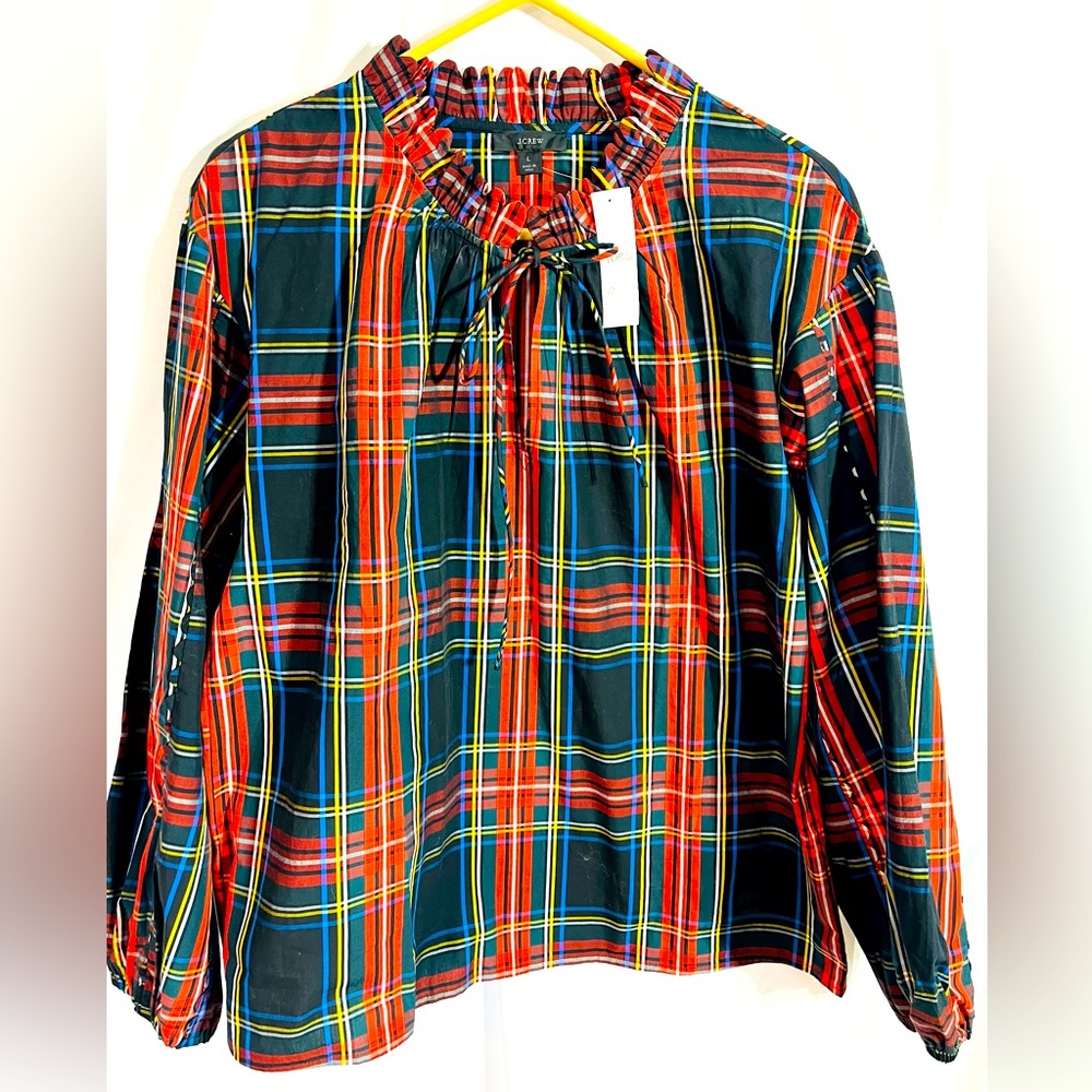 J. Crew Vibrant Plaid Tie-Neck Blouse